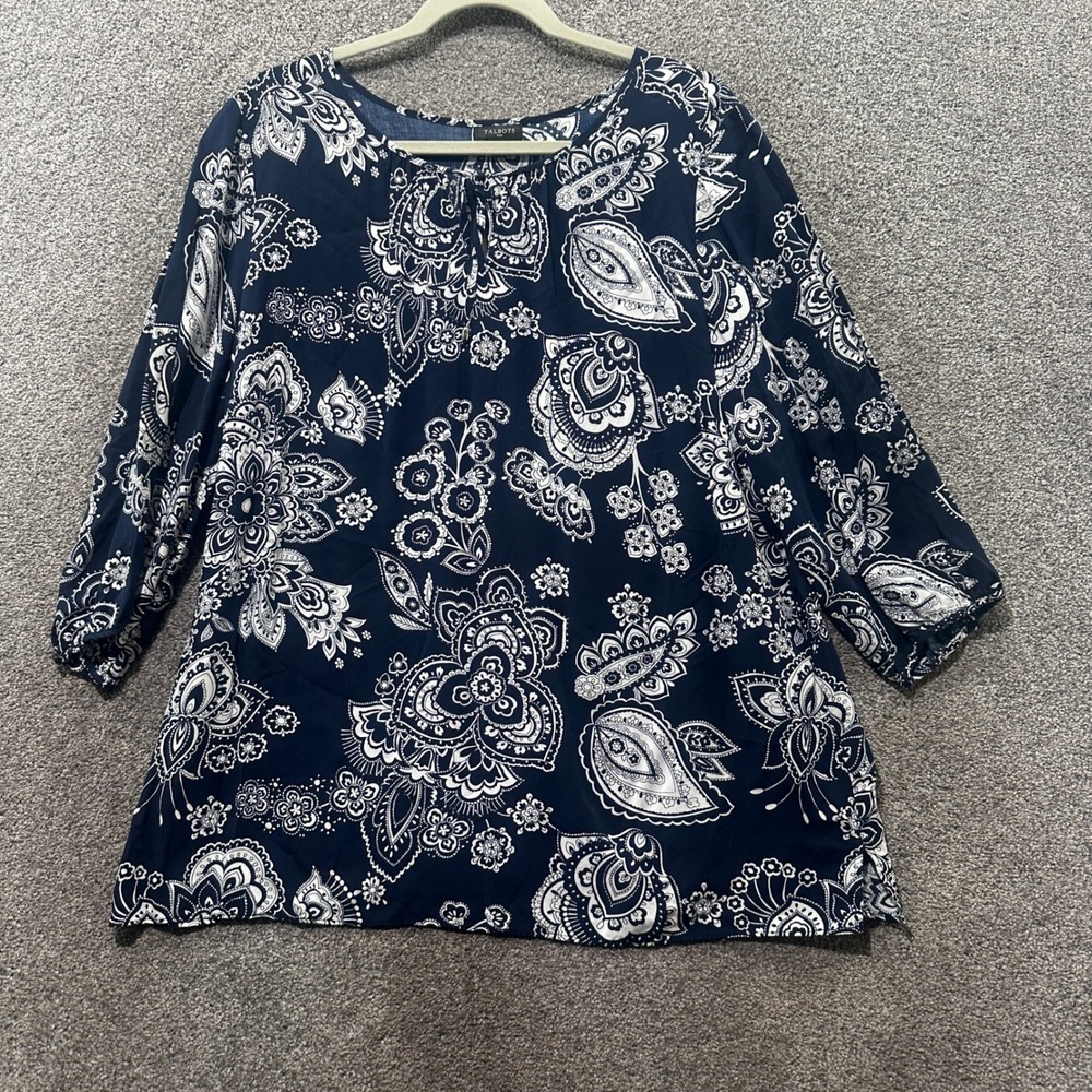 Talbots Blouse Top Women 1X Navy Blue Paisley Floral 3/4 Sleeve Rayon Office